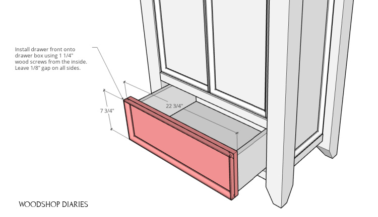 Drawer front attached onto drawer box in pantry cabinet