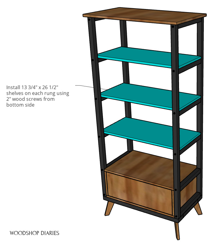 Diagram showing shelves installed into open bookshelf