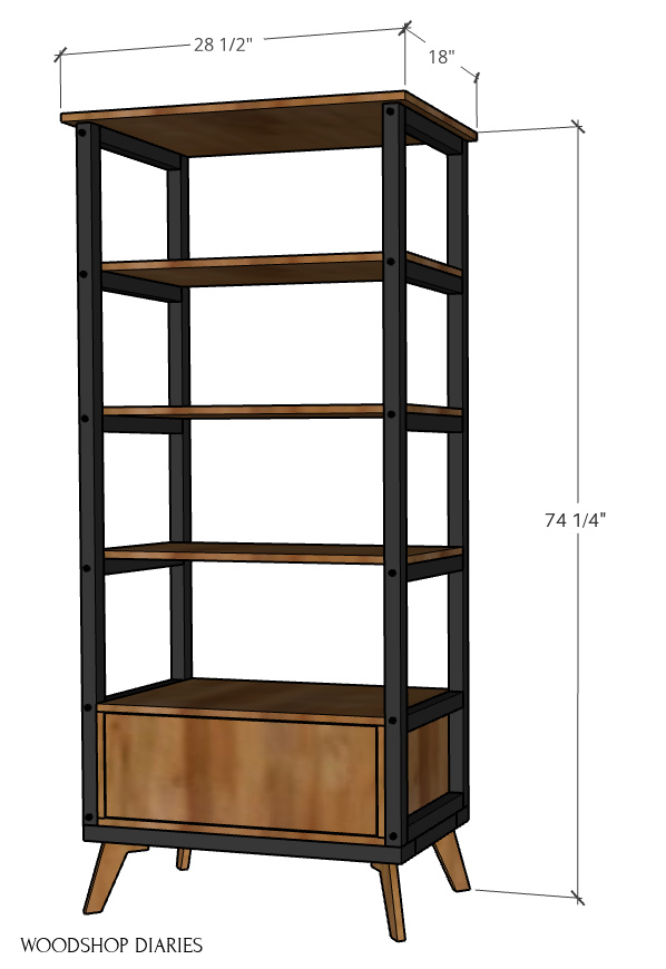 Overall dimension diagram of open bookshelf with drawer