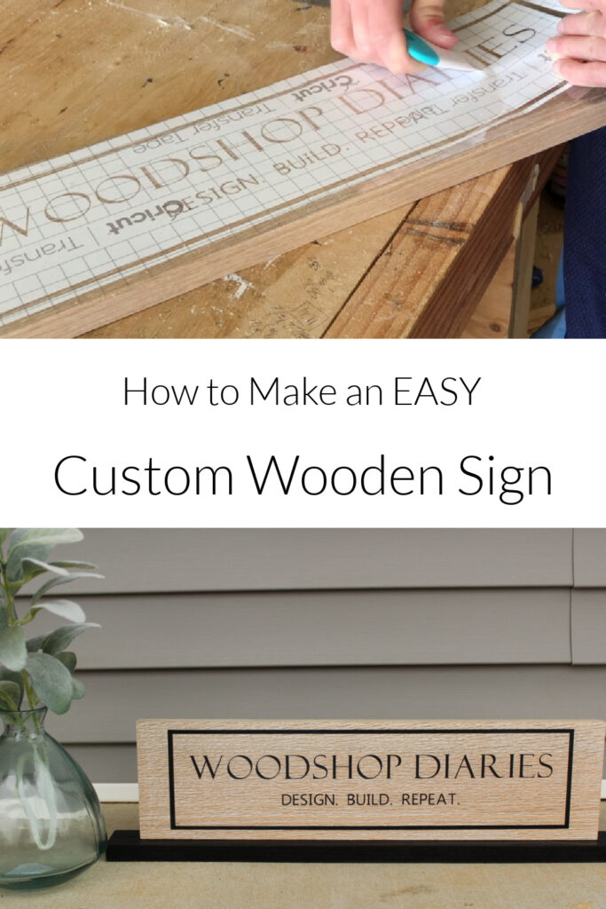 Pinterest collage image showing stencil application at top and completed custom wooden sign at bottom with text "how to make an EASY custom wooden sign"