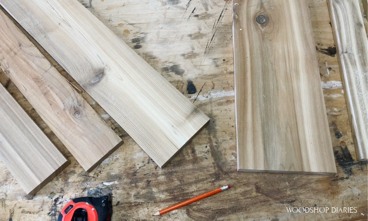 cedar wood laid out on workbench