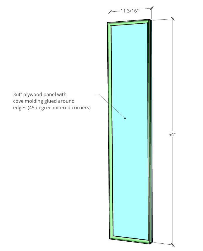 Door diagram with dimensions--11 3/16" wide x 54" tall with cove molding glued on the front edges