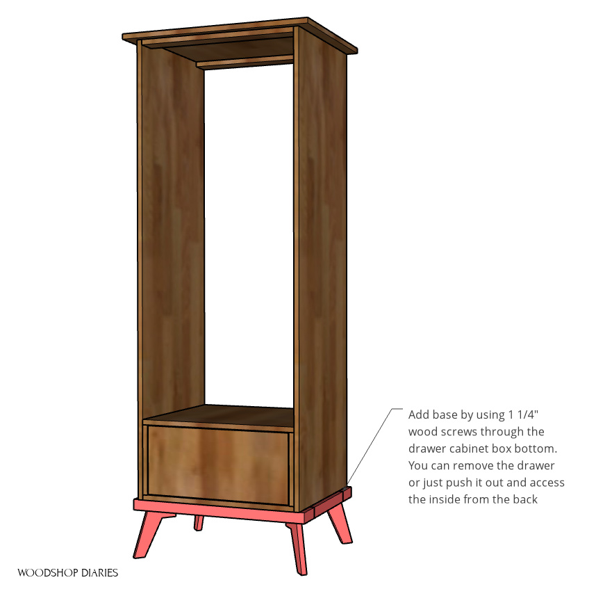 Computer diagram showing attaching the main bookcase cabinet to mid century modern base frame