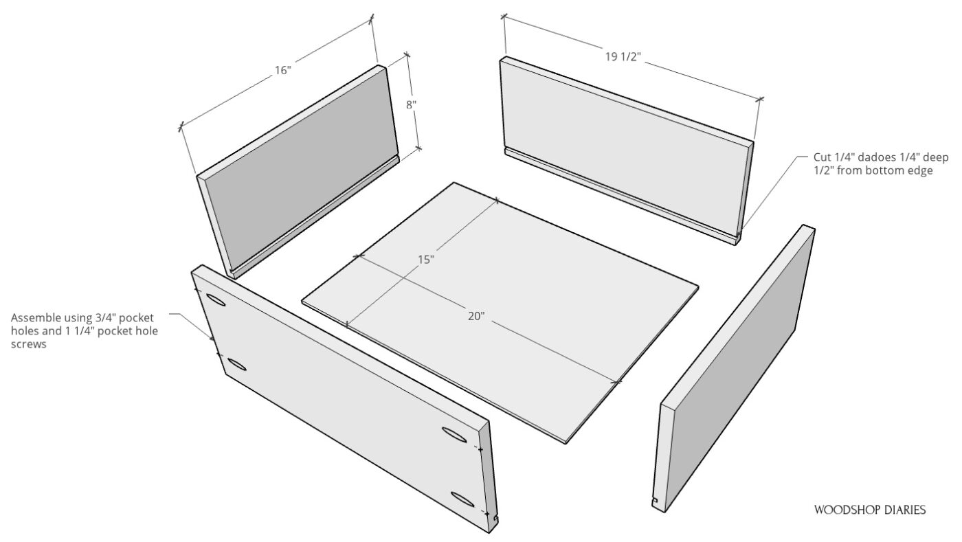 exploded diagram of drawer box showing dimensions and assembly