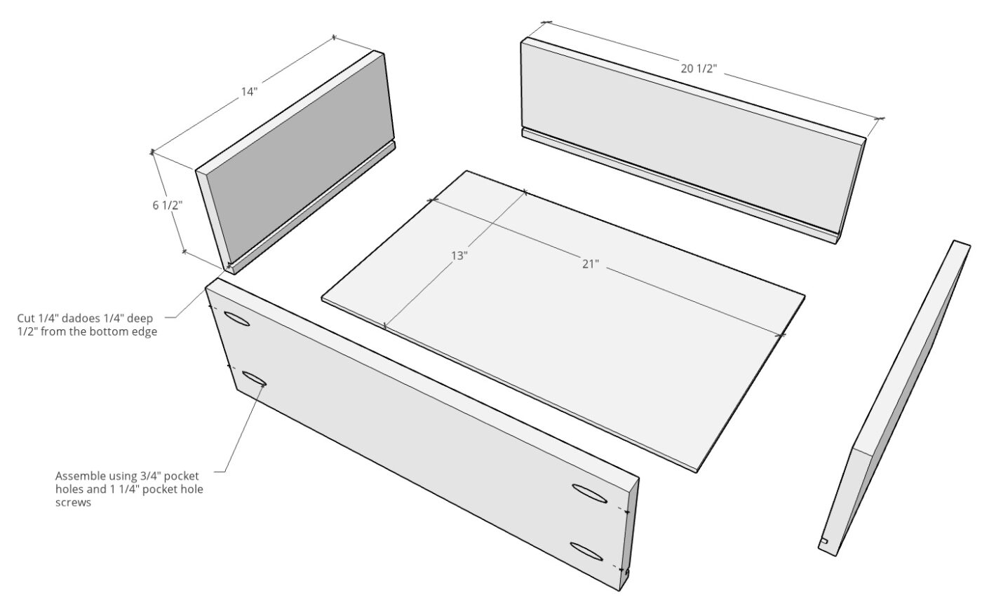 Drawer box exploded diagram with dimensions--¾" plywood sides and ¼" plywood bottom