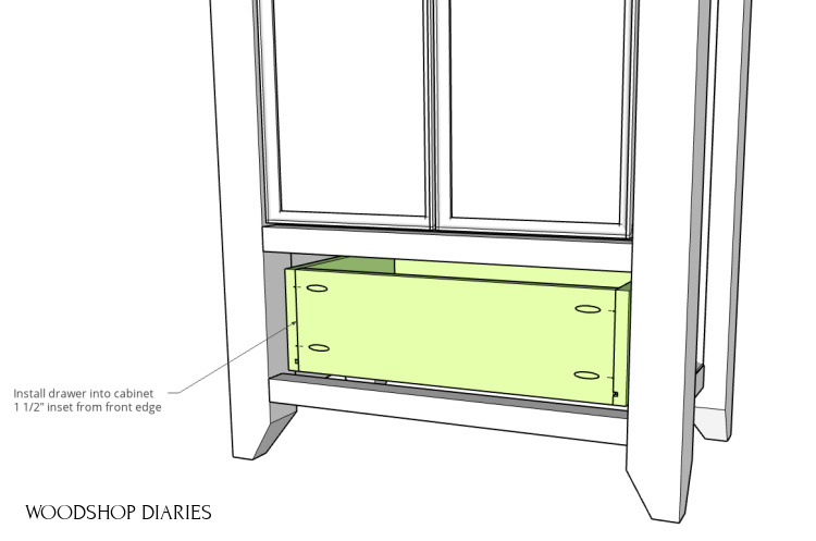 Computer diagram of drawer box installed into armoire wardrobe cabinet frame