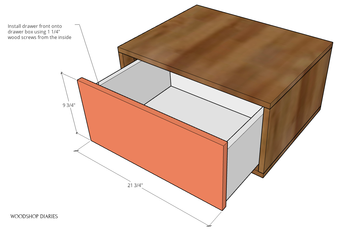 Bookshelf drawer cabinet box with drawer installed and dimensions shown for drawer front