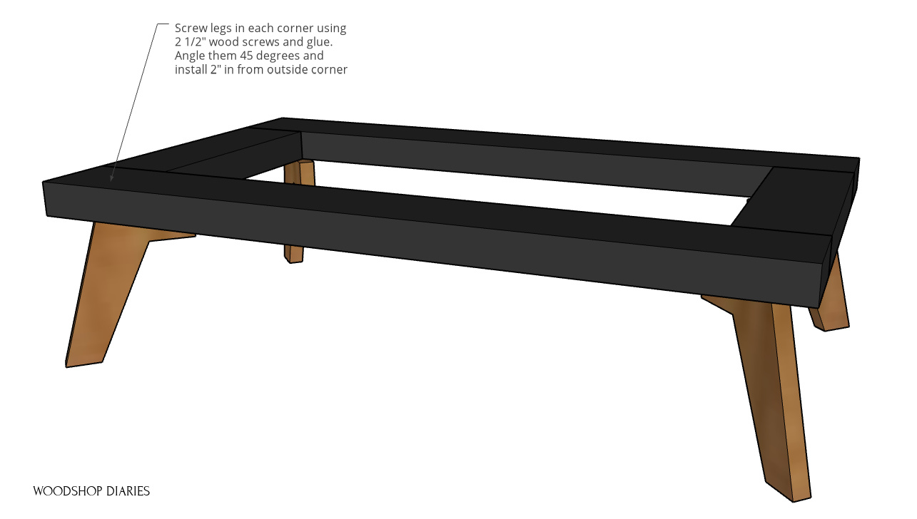 Base assembled for modern bookshelf--2x4 frame with legs at corners