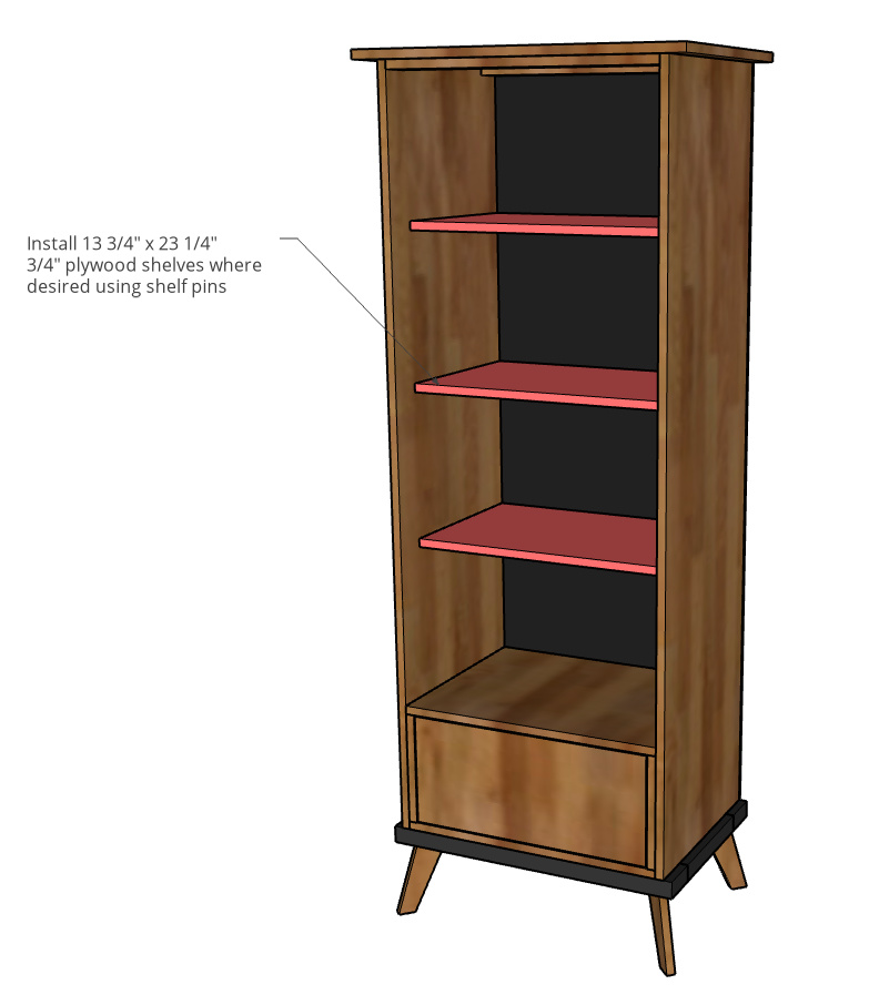 Computer diagram showing how to install the adjustable shelves into the bookcase cabinet