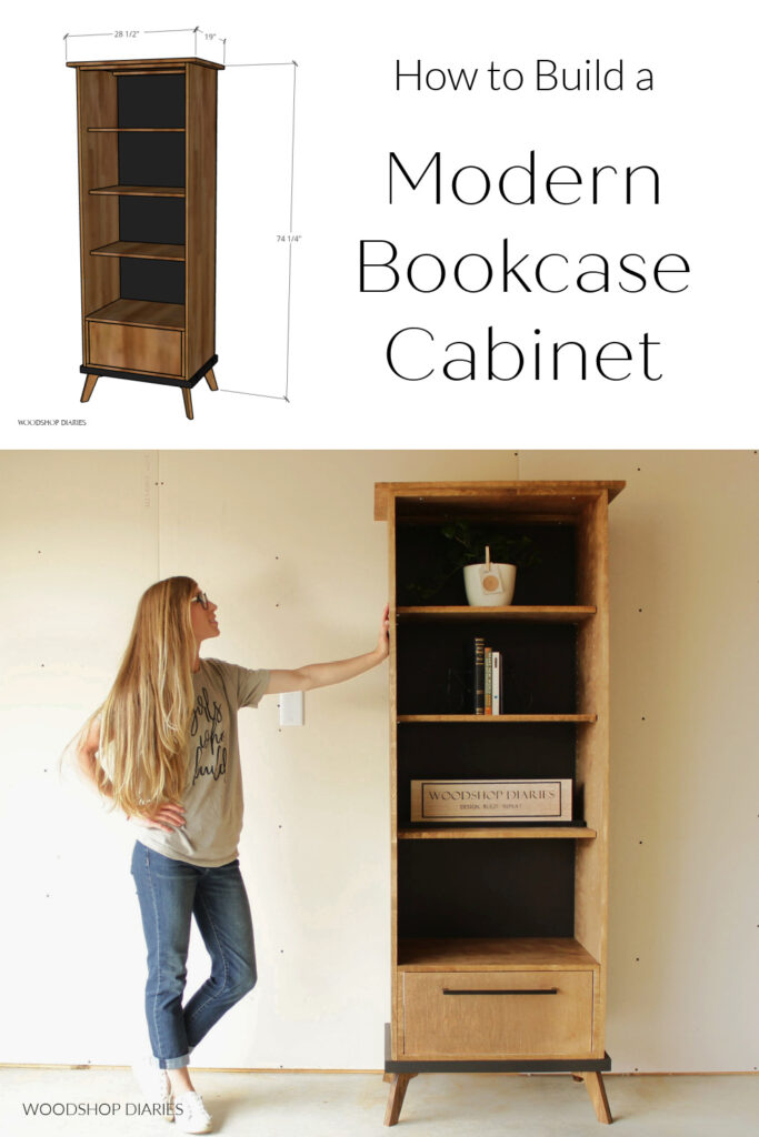 Pinterest collage image showing overall dimensions at top and Shara standing by bookcase at bottom with text "how to build a modern bookcase cabinet"