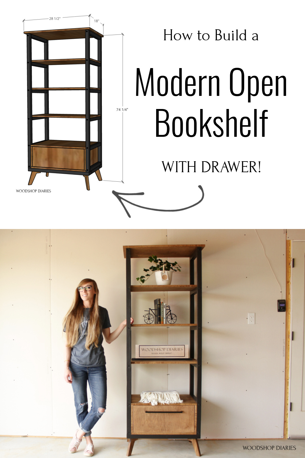 Pinterest diagram showing overall dimensional diagram at top and shara with bookshelf at bottom with text "how to build a modern open bookshelf with drawer"