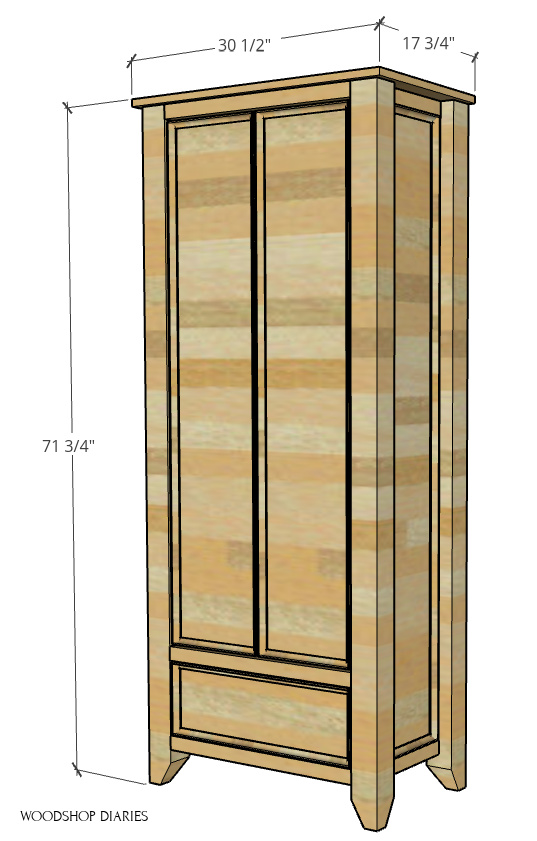 Computer diagram showing overall DIY armoire wardrobe cabinet dimensions--17 ¾" deep, 30 ½" wide, 71 ¾" tall