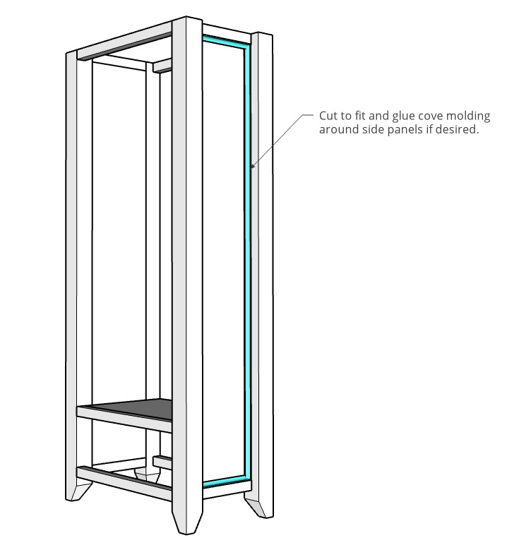 Cove molding glued around outside side panels of pantry cabinet