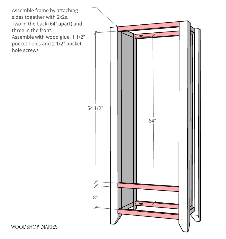 DIY armoire wardrobe pantry cabinet frame assembled using 2x2 boards at front and back 