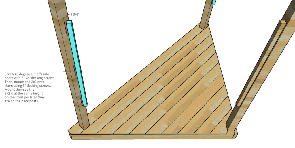 2x2 bracing mounted to 45 degree blocks on front posts