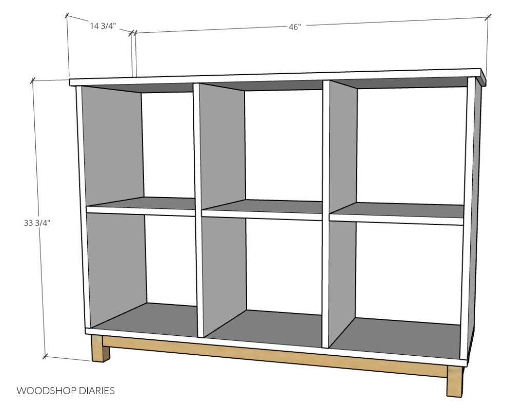 Overall dimensional diagram of DIY shelf--33 ¾" tall, 14 ¾" deep, 46" wide