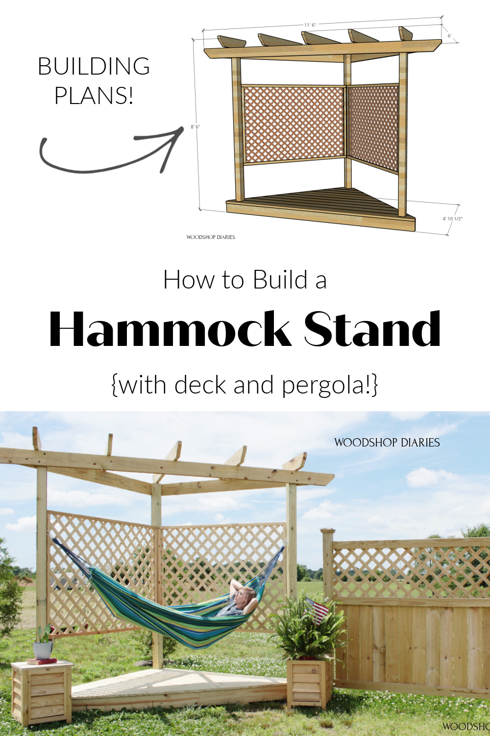 Pinterest collage showing overall hammock stand dimensions at top and Shara laying in hammock on bottom with text "how to build a hammock stand with deck and pergola"