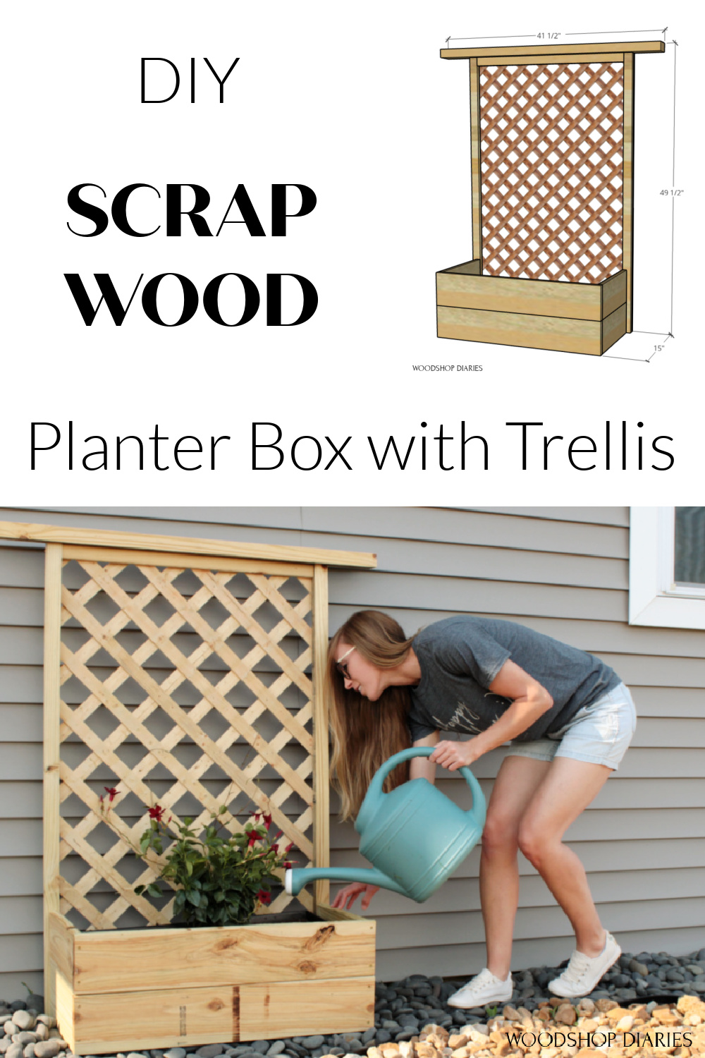 Pinterest collage image showing overall planter box with trellis overall dimensions diagram at top and Shara watering plants inside at bottom with text "DIY scrap wood planter box with trellis"