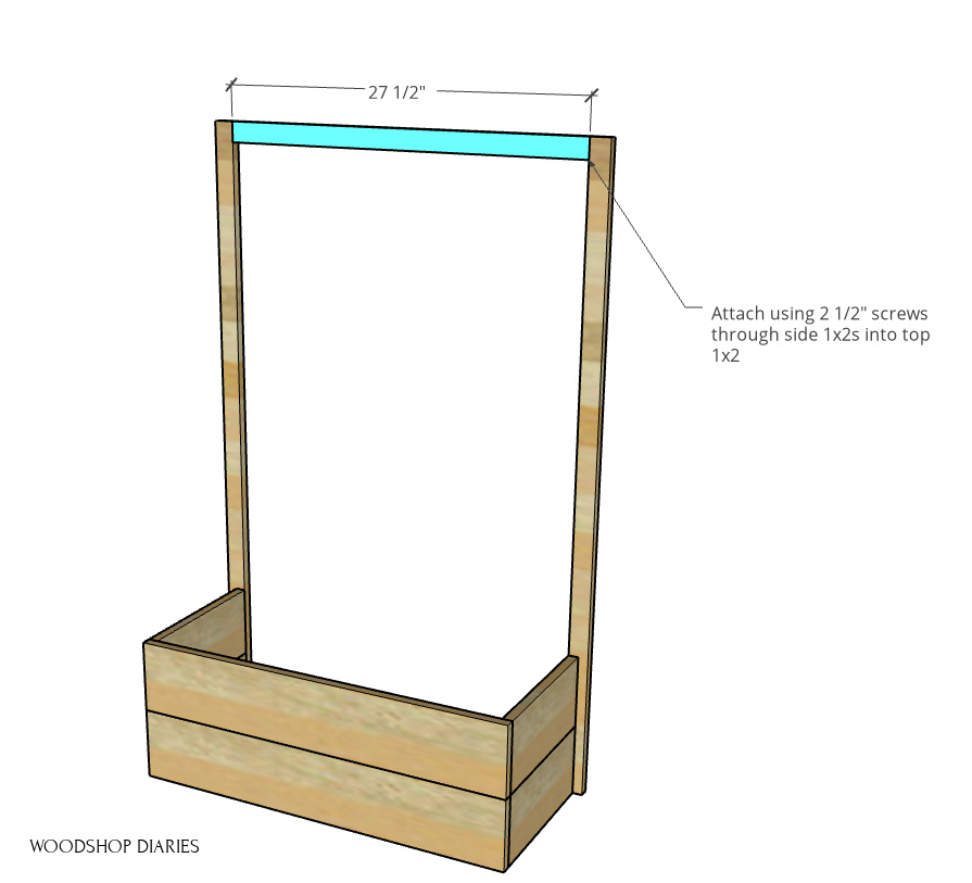 Top piece of trellis frame added between 1x2s on sides of planter box