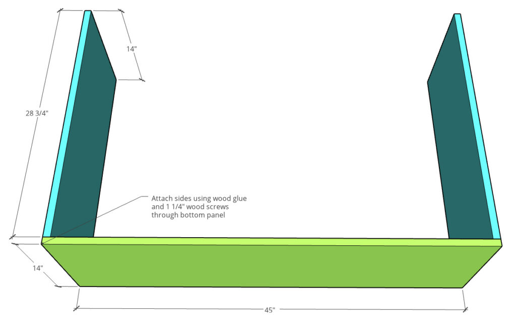 Computer diagram attaching side panels to bottom panel of basic shelf build