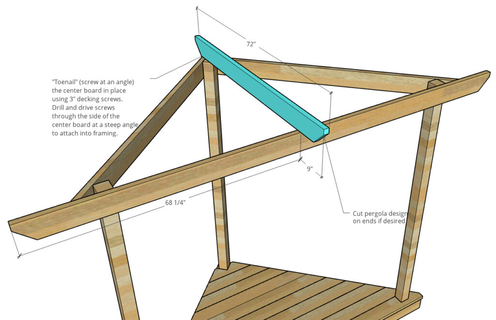 long middle pergola board installed onto corner pergola frame