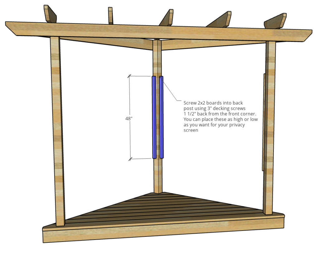 Diagram showing 2x2 lattice screen bracing on back corner post of floating deck pergola build