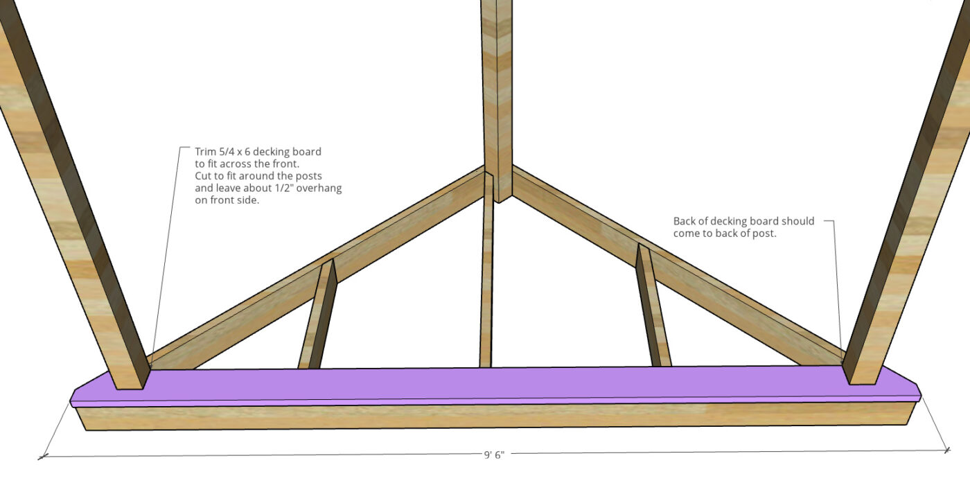 Front board of corner floating deck installed around corner posts of hammock stand