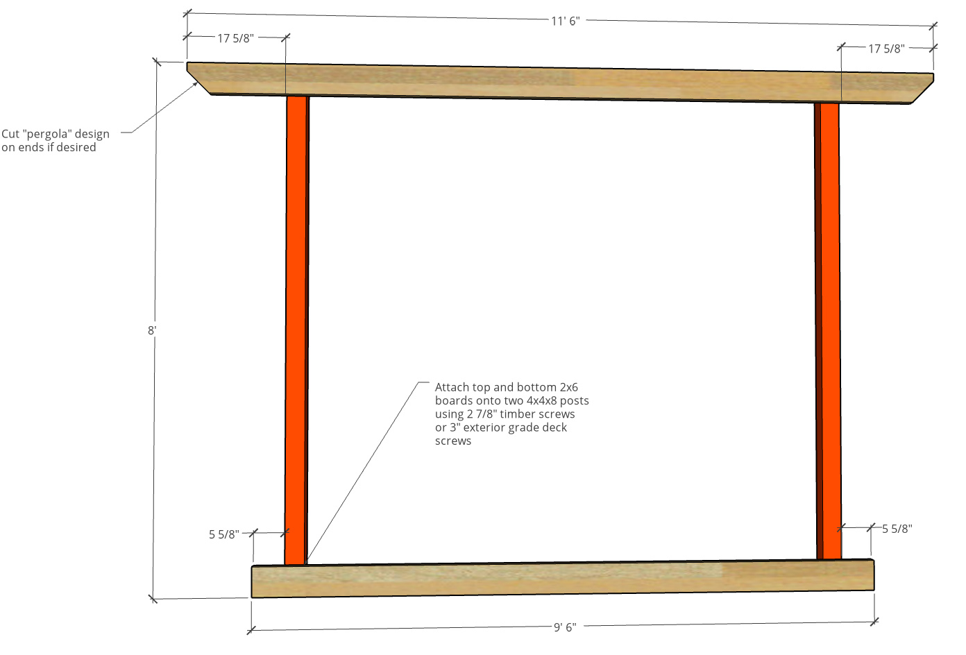 Front frame of hammock stand made of 4x4 posts and 2x6 boards