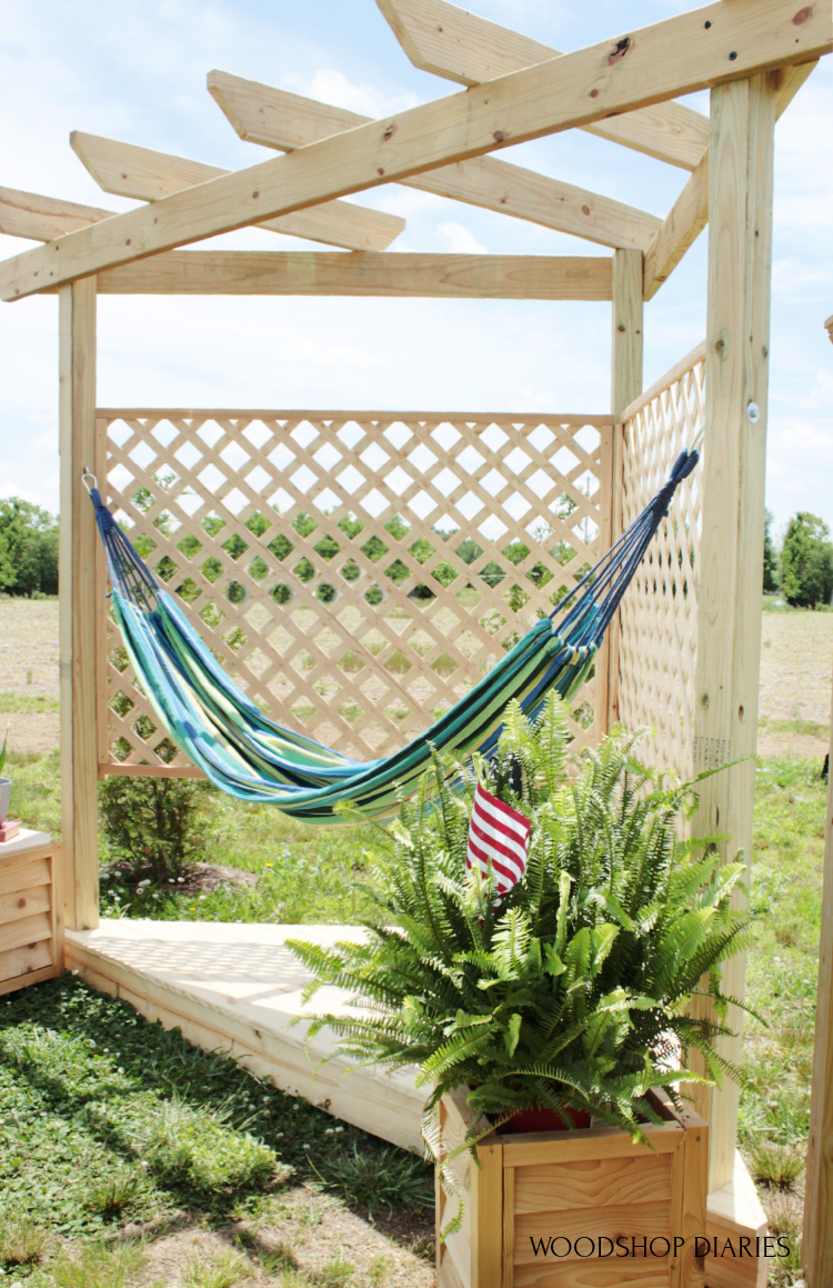 Vertical view of DIY hammock stand with floating corner deck and corner top pergola