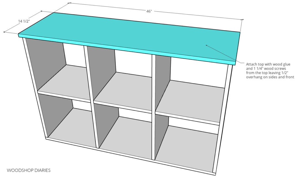 Computer diagram showing top panel dimensions and installation using screws from top side