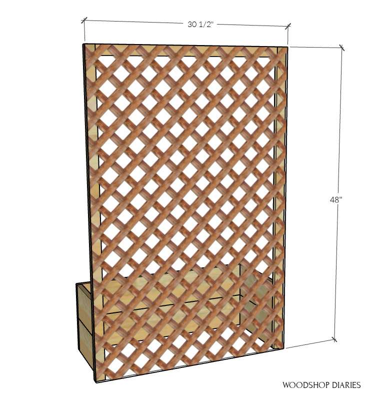 Lattice panel sizing diagram--lattice installed onto back of planter box frame