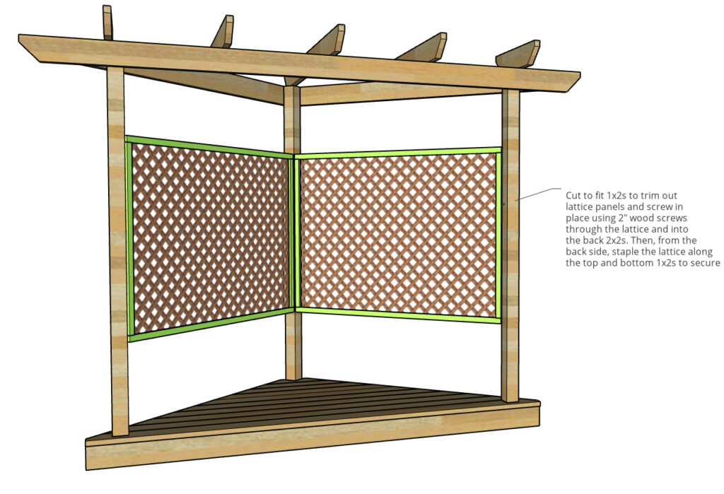 Computer diagram highlighting 1x2 trim pieces around lattice screen of hammock stand