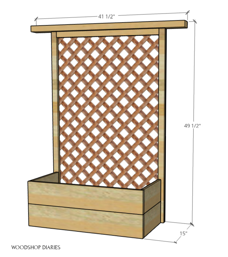 Overall size diagram of Planter box with trellis back 