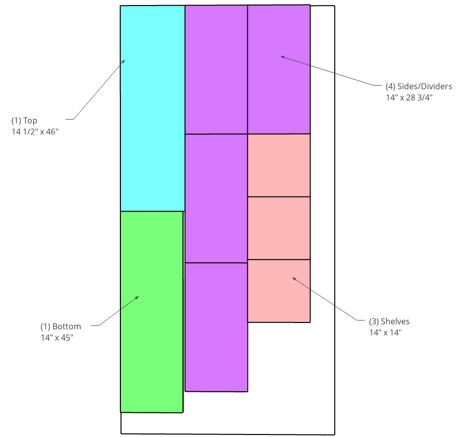 plywood cut diagram to build easy DIY shelf project