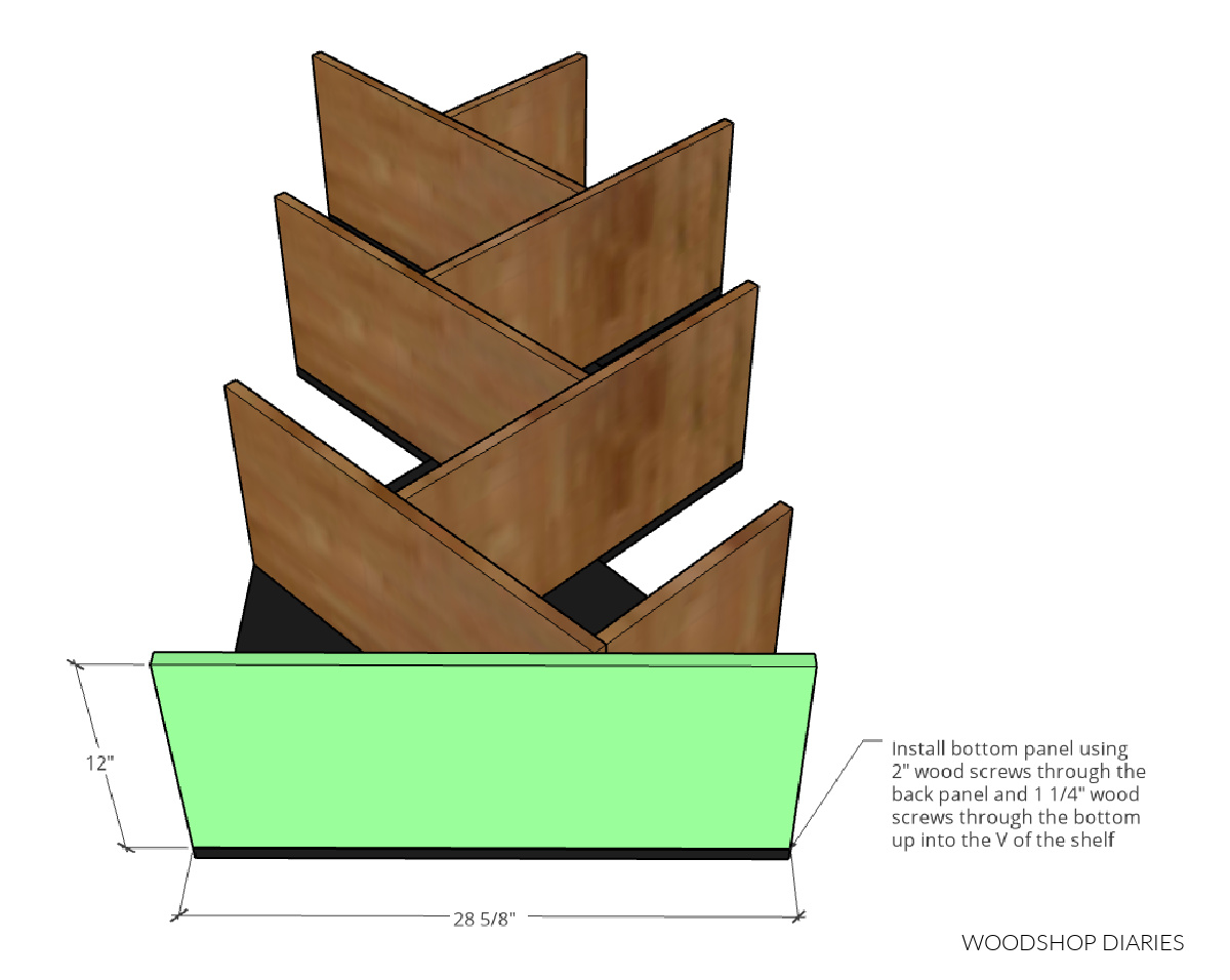 dimensional computer diagram showing how to install the bottom plate of the modern shelf