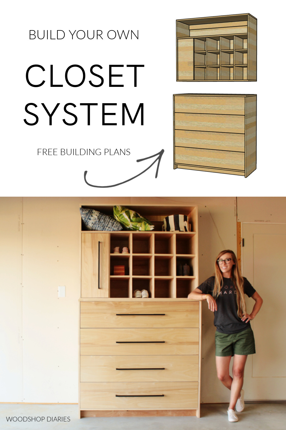 Pinterest image showing computer diagram of closet system at top and completed closet system on bottom with text "build your own closet system free building plans"