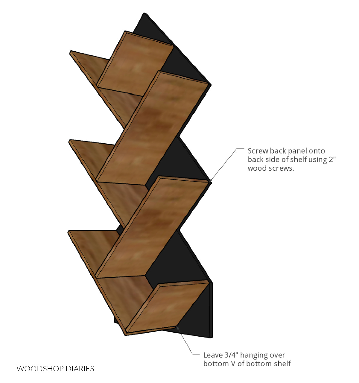 Dimensional diagram showing how to install the back panel onto the record shelf