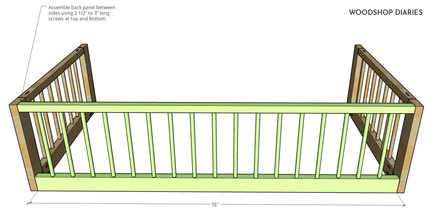 Diagram showing how back panel attaches to side panels of toddler floor bed