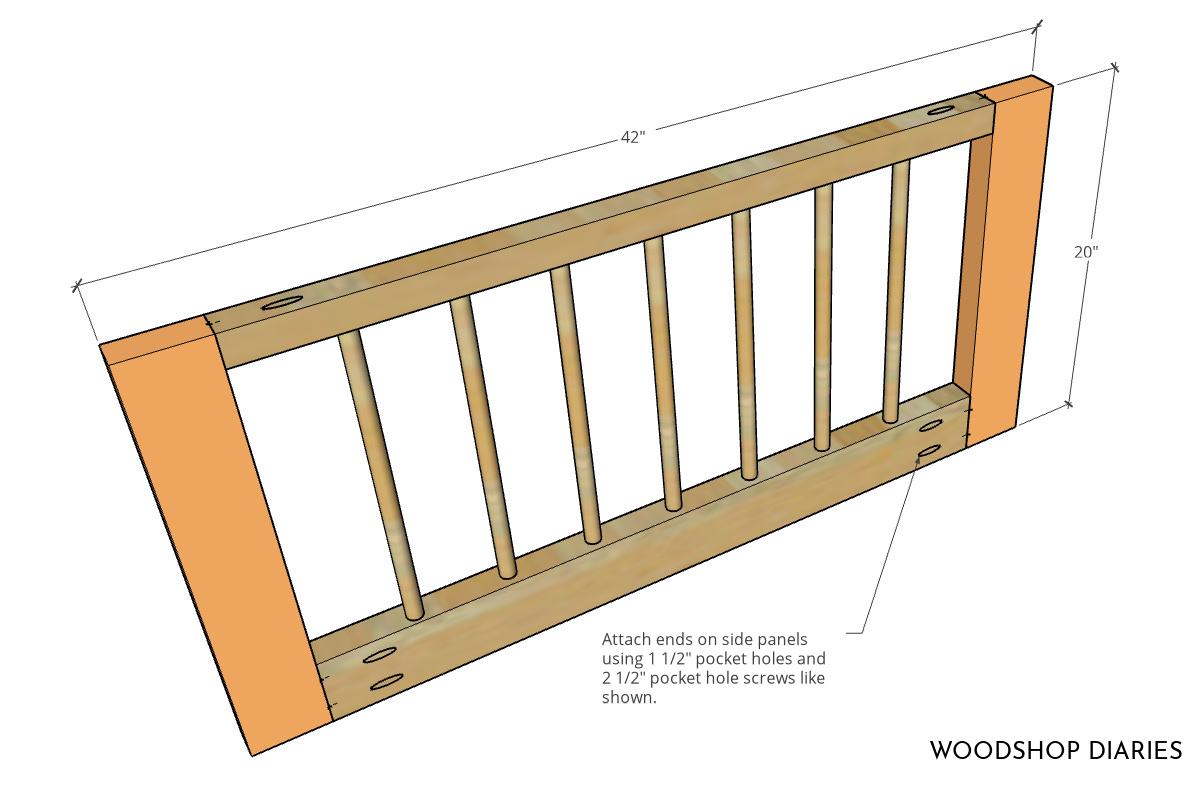 Diagram showing corner posts attached to side rails of floor bed