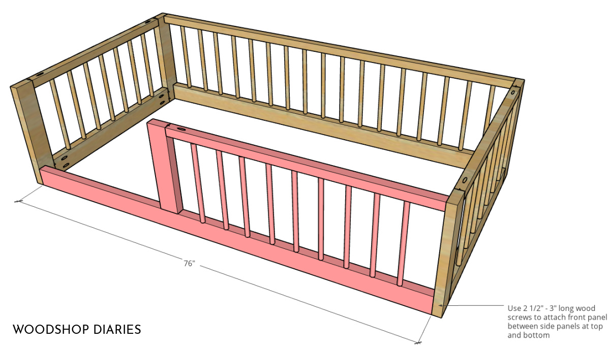 Diagram showing how front bed rail panel attaches between two side panels