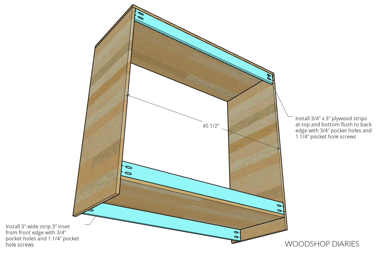 dimensional diagram showing toe kick and back bracing on bottom cabinet of closet system