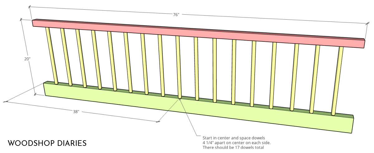 Diagram showing dowel locations on back panel of toddler floor bed