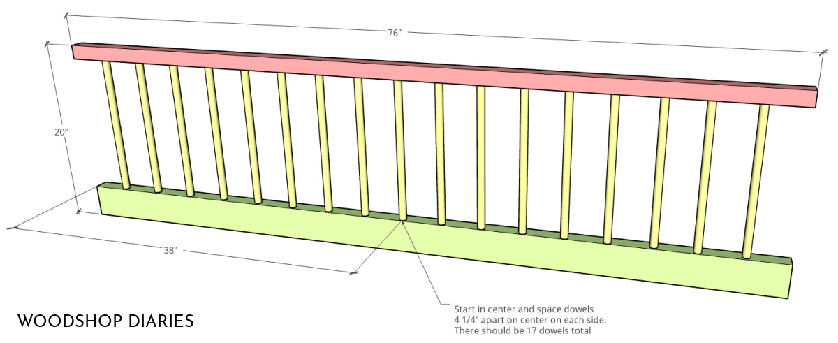 Diagram som visar dowel platser på baksidan av barngolvbädden