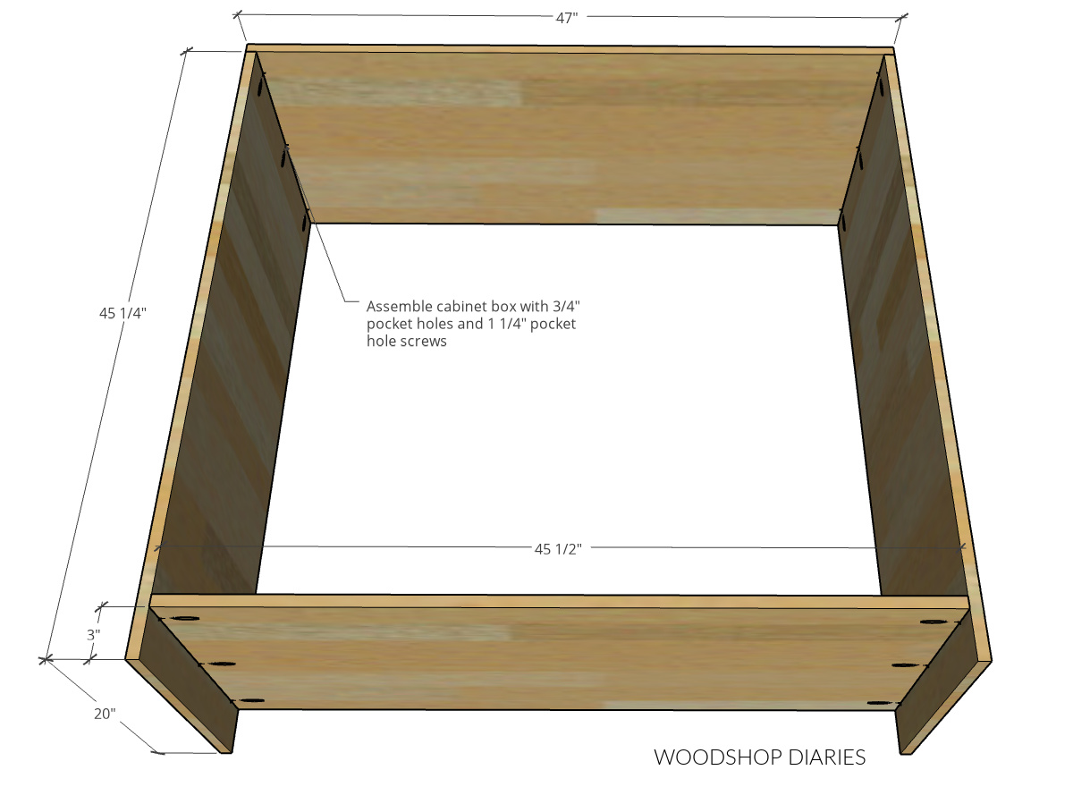 Dimensional diagram of bottom closet cabinet system