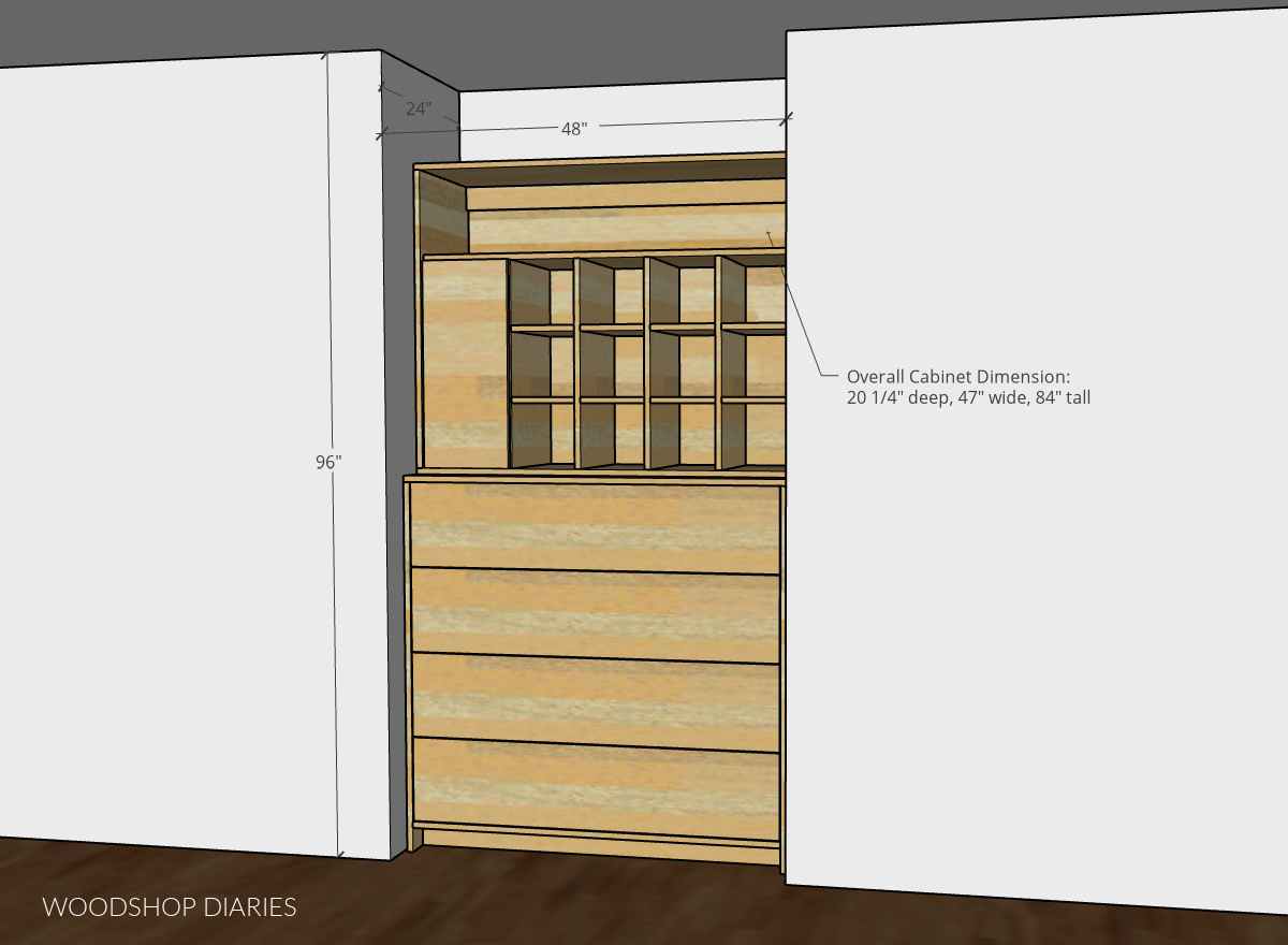 Computer diagram of plywood DIY closet system installed into nook in the wall