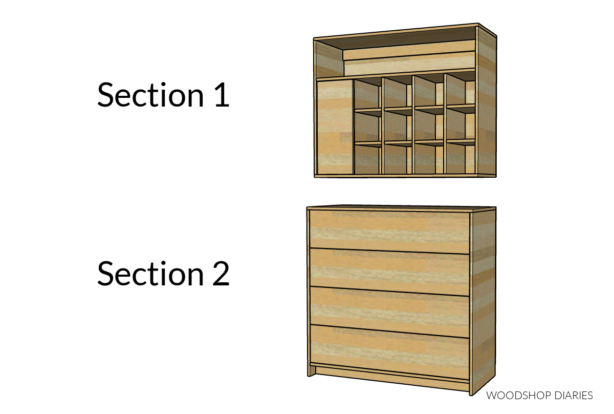 Diagram showing two separate sections (top and bottom) of the closet system project