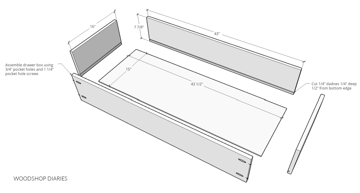 Exploded diagram of drawer box dimensions