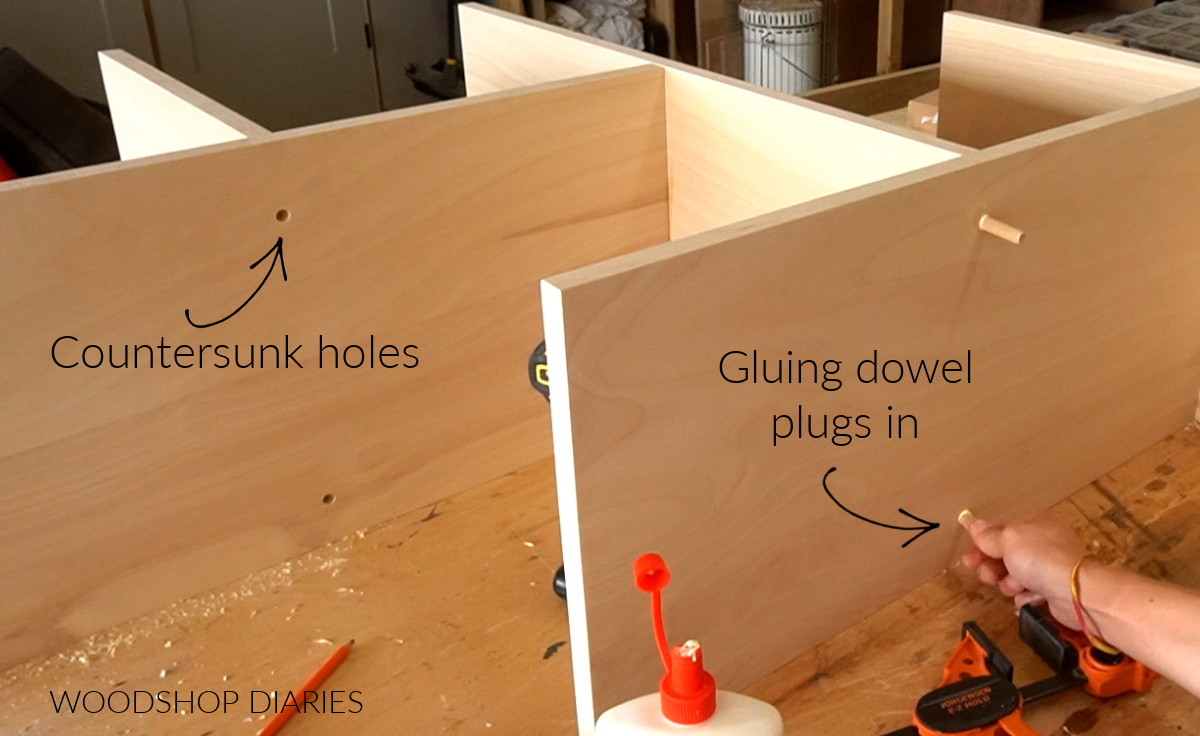 Shelf assembly with countersunk holes--using wood glue and dowel plugs to fill them