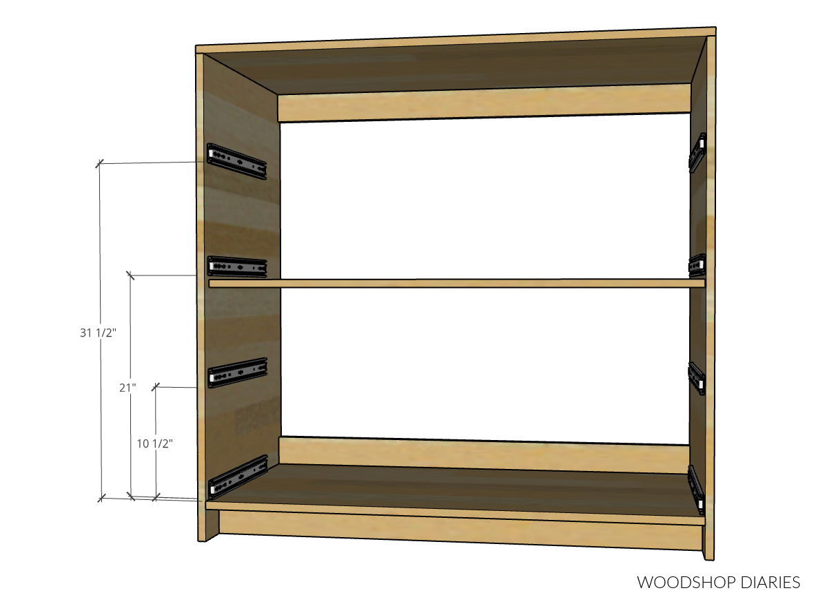 Dimensional diagram showing drawer slide placement on bottom closet section