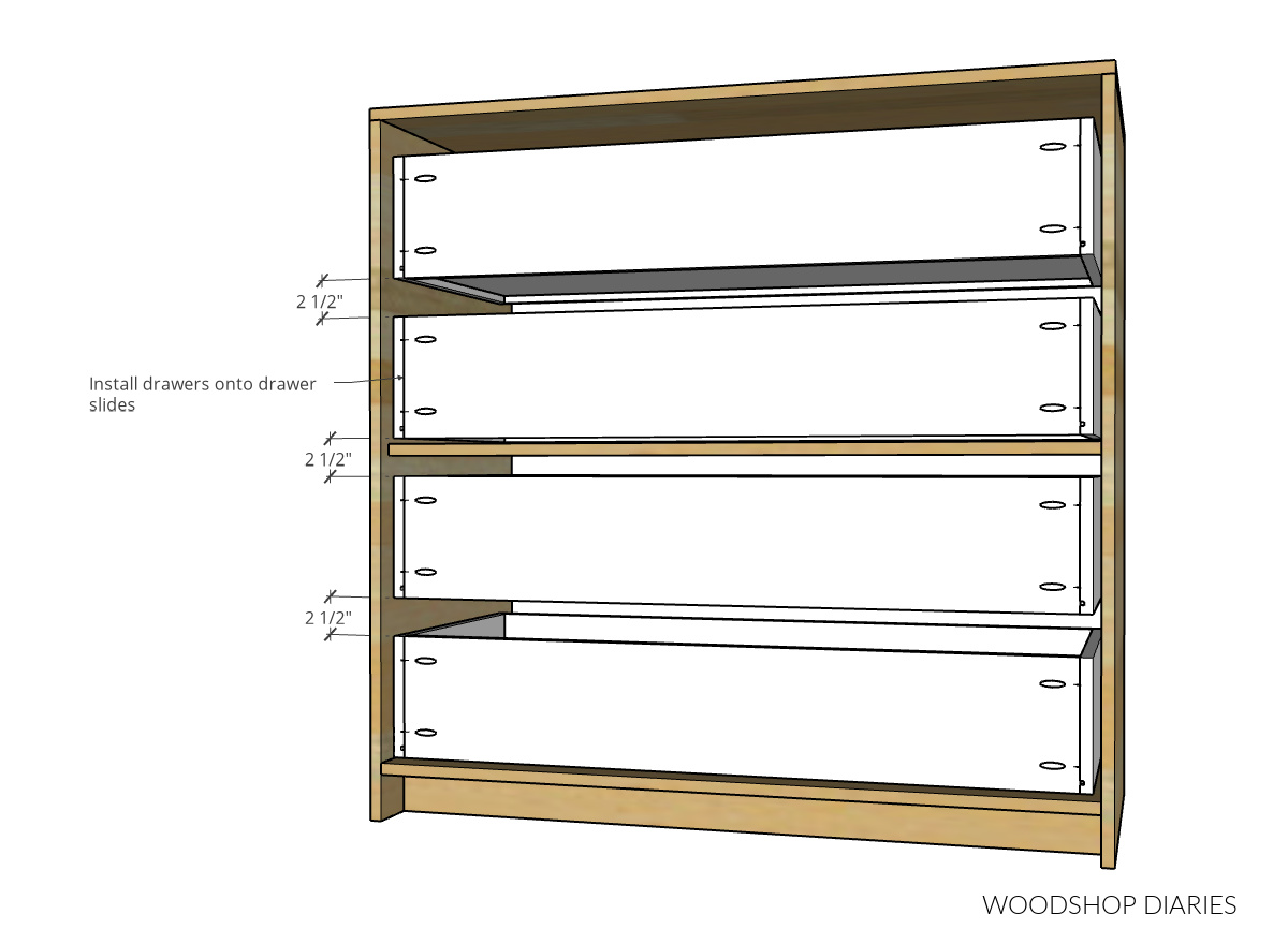 Computer diagram showing drawer boxes installed into dresser cabinet